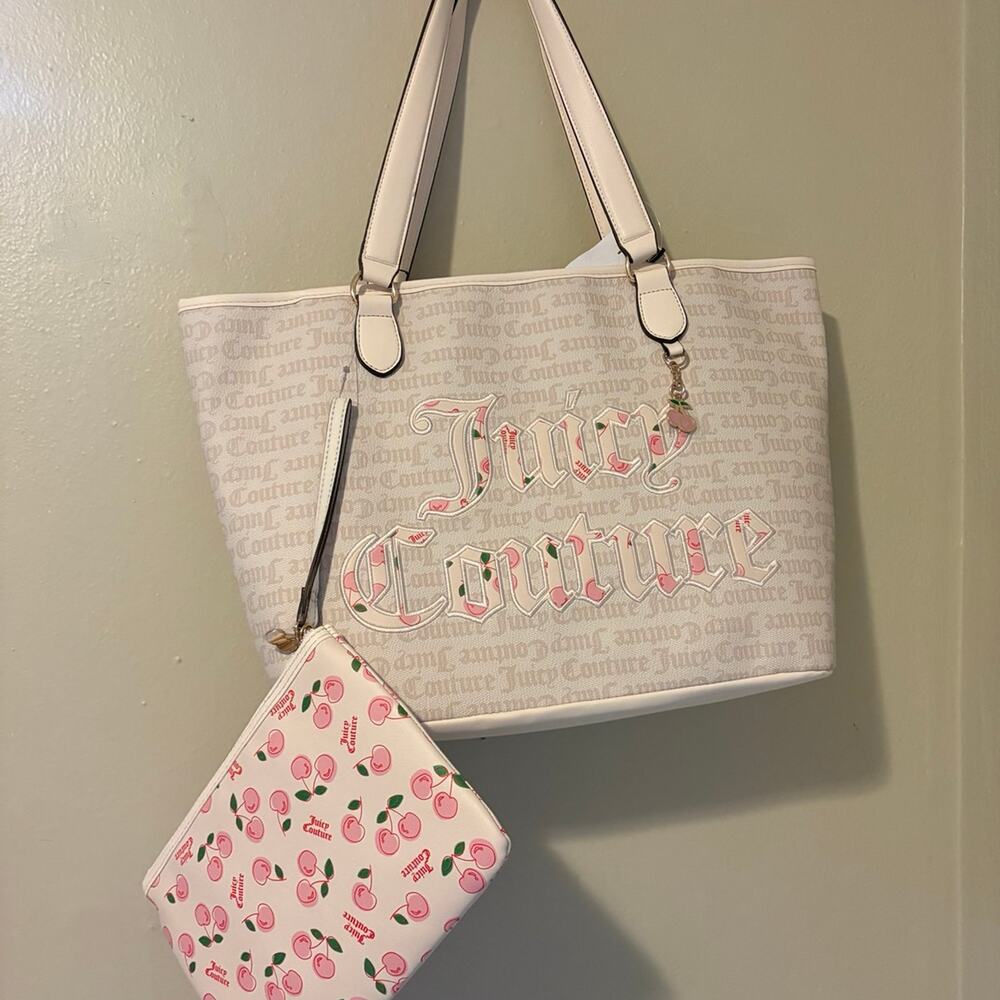NWT Juicy Couture Tote with Matching Wristlet - Cream/Pink Cherry Print
